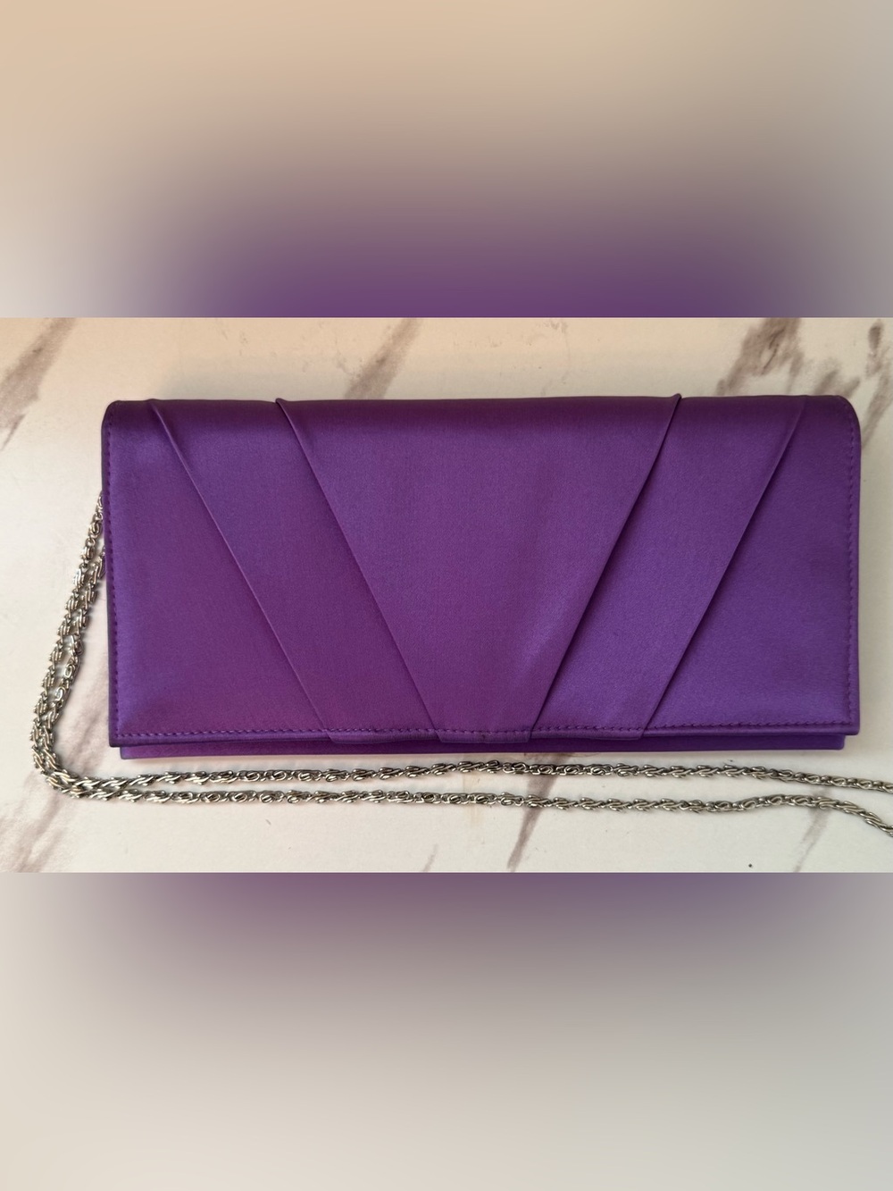 Nordstrom Purple Satin Fold-Front Clutch with Silver Chain